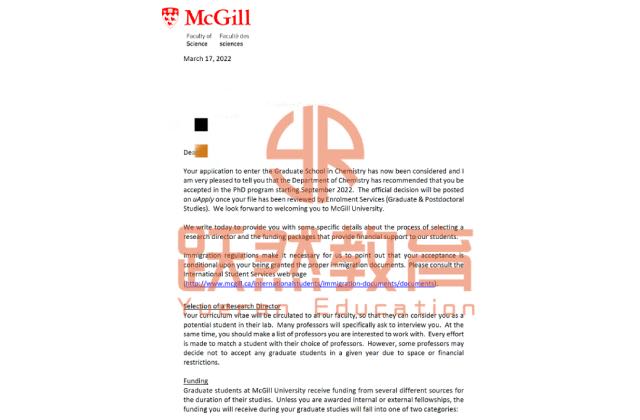 McGill (加拿大) · 化学PHD 录取通知书