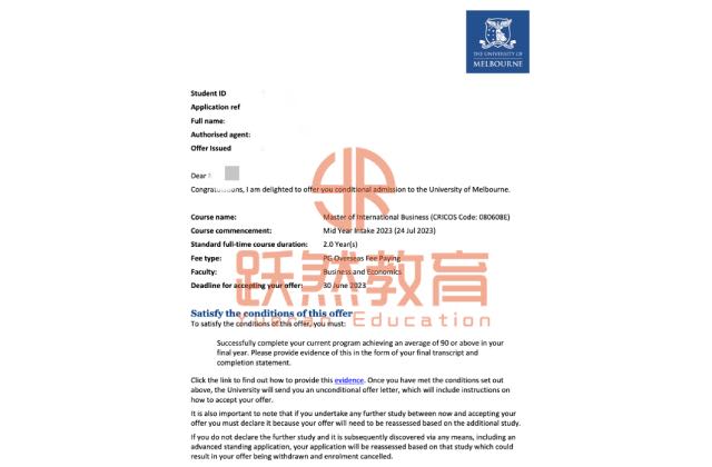 Melbourne (澳洲) · 国际商务 录取通知书